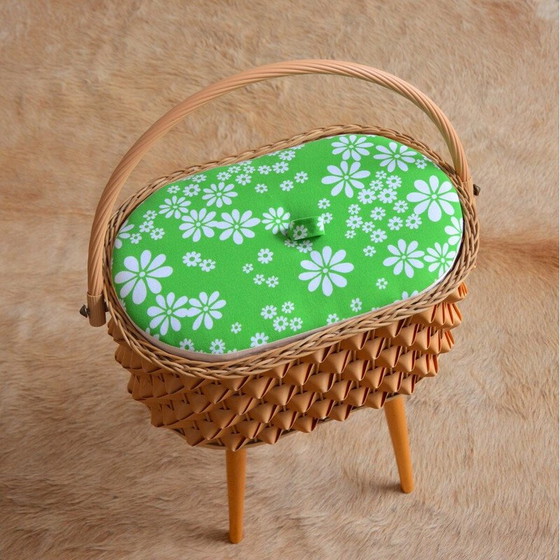 Image 1 of Boîte à couture vintage en bois et rotin, 1960