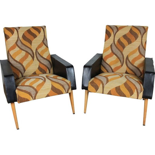 Paire de fauteuils vintage en skaï et tissu, 1970