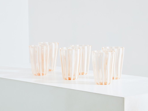 Ensemble de 6 gobelets italiens en verre rose de Murano 1980S