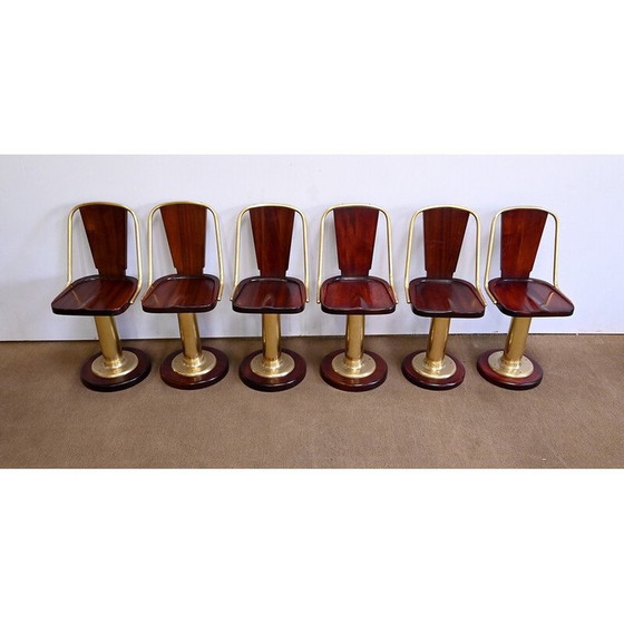 Image 1 of Ensemble de 6 chaises liner vintage en acajou et laiton, Angleterre