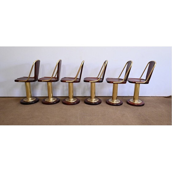 Image 1 of Ensemble de 6 chaises liner vintage en acajou et laiton, Angleterre