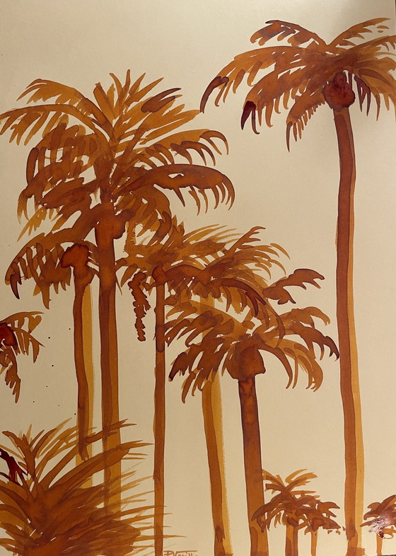 Image 1 of Aquarelle Palmiers Soleil Levant Miami