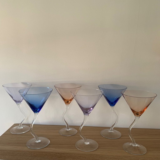 Ensemble de 6 verres à cocktail dansants multicolores, 1990