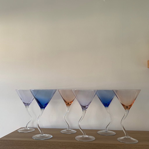 Ensemble de 6 verres à cocktail dansants multicolores, 1990