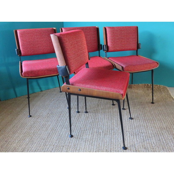 Image 1 of Ensemble de 4 chaises rouges vintage, France, 1965