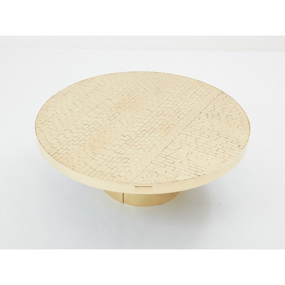 Image 1 of Table basse ronde en mosaïque et laiton par Georges Mathias, Belgique 1970