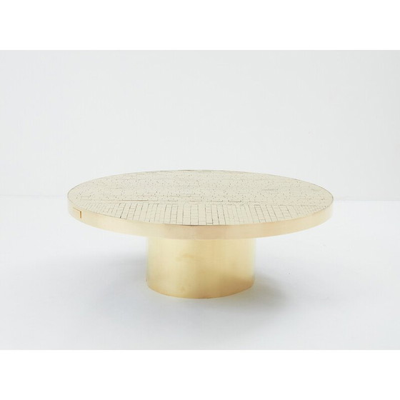 Image 1 of Table basse ronde en mosaïque et laiton par Georges Mathias, Belgique 1970