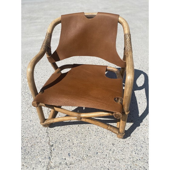 Image 1 of Fauteuil safari vintage en bambou et cuir, Danemark 1960