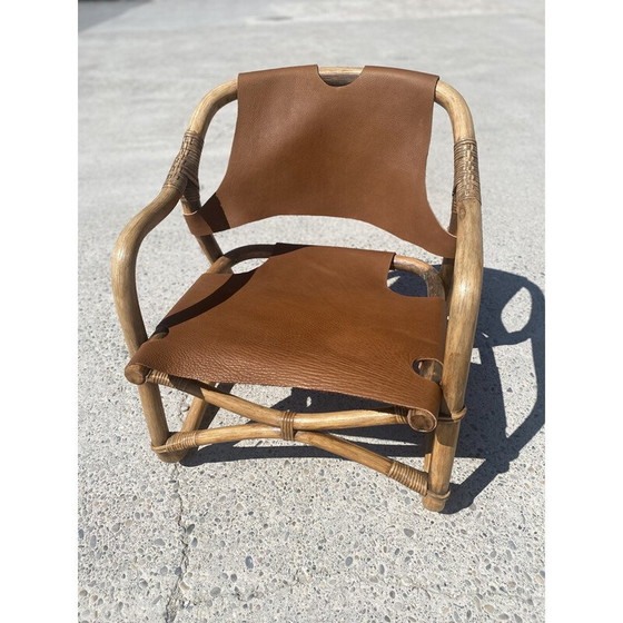 Image 1 of Fauteuil safari vintage en bambou et cuir, Danemark 1960