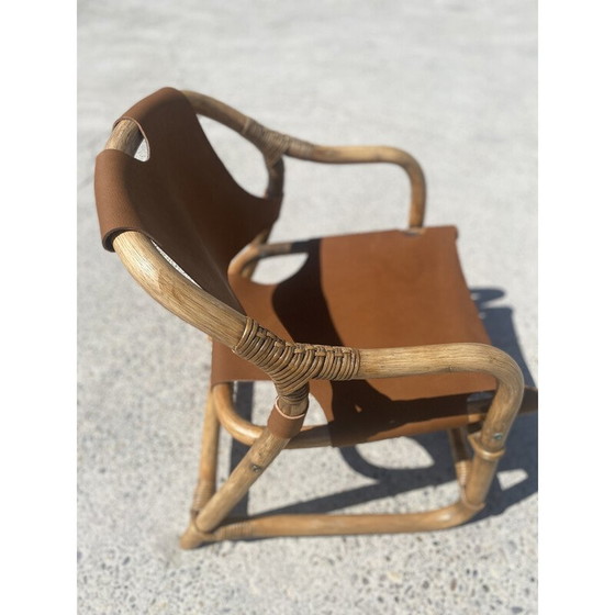 Image 1 of Fauteuil safari vintage en bambou et cuir, Danemark 1960