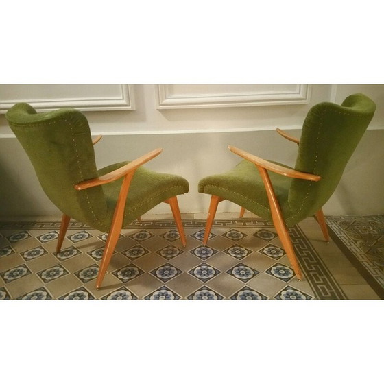 Image 1 of Fauteuil Zig Zag en teck et velours vert