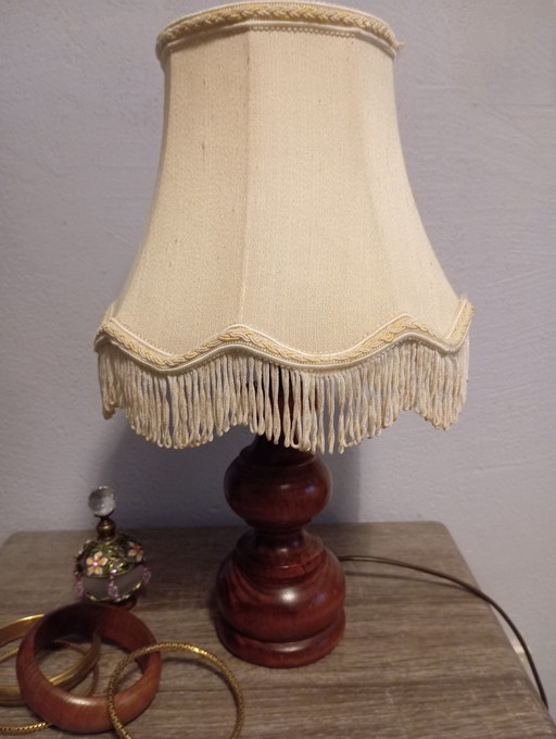 Lampe De Chevet Rustique Chic 1970 Bois Tourné Abat Jour Soie Ivoire