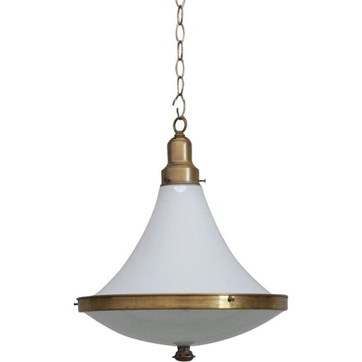 Lampe suspendue vintage en verre opalin bicolore et laiton, Hollande 1940