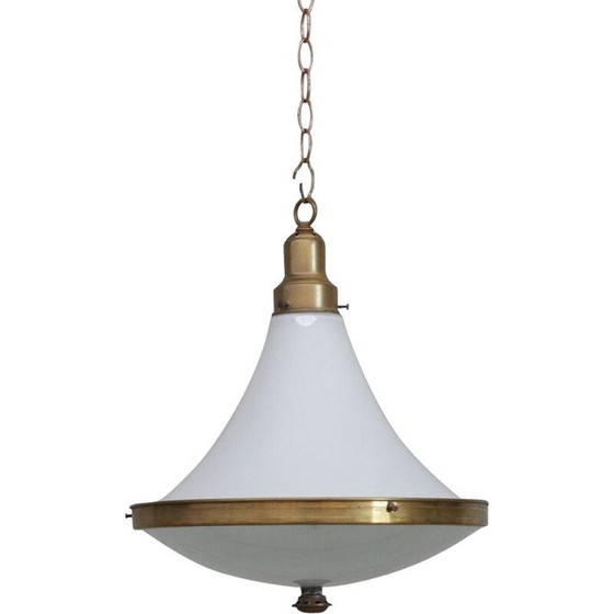 Lampe suspendue vintage en verre opalin bicolore et laiton, Hollande 1940 – Suspensions, Brass, Glass, Art Deco