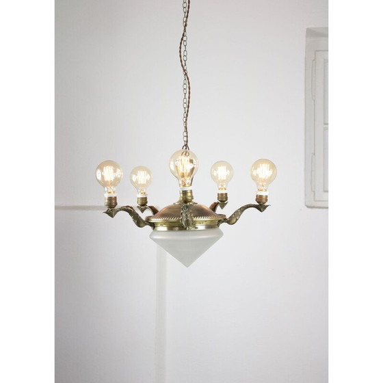 Image 1 of Lustre vintage art déco en laiton et verre