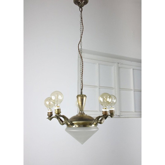 Image 1 of Lustre vintage art déco en laiton et verre