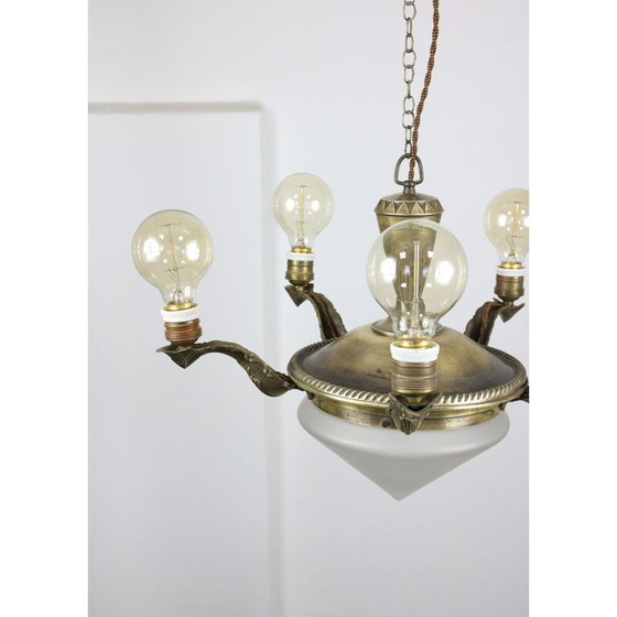 Image 1 of Lustre vintage art déco en laiton et verre