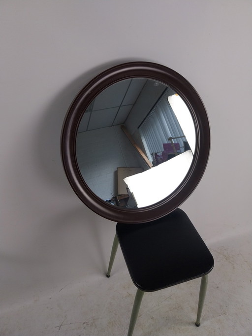 1 X 1970's Brown Round Mirror 52Cm Diameter