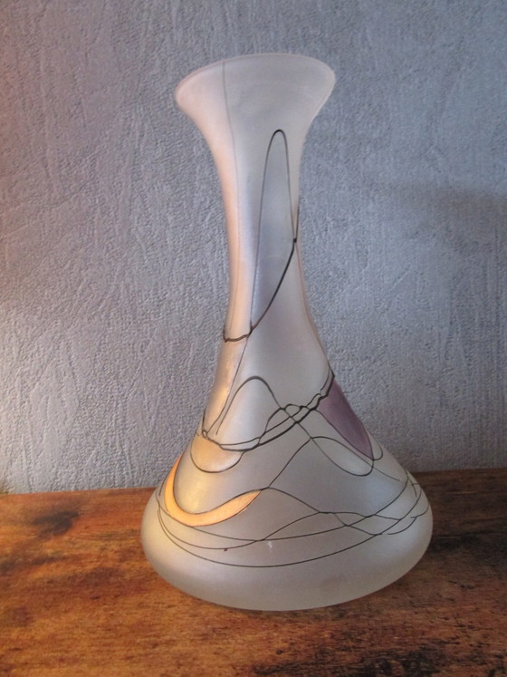 Magnifique vase vintage soufflé à la main, richement décoré. – Glass