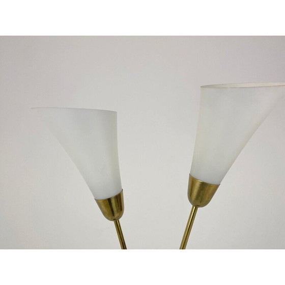 Image 1 of Lampadaire Art déco du milieu du siècle en laiton patiné et verre opalin, années 1930.