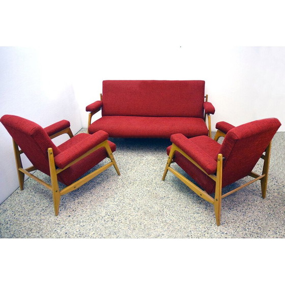 Image 1 of Paire de fauteuils vintage en bois d'érable et tissu avec canapé 3 places, 1960