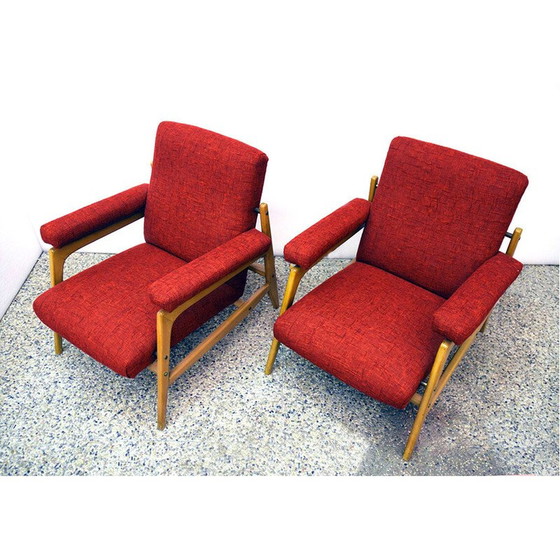 Image 1 of Paire de fauteuils vintage en bois d'érable et tissu avec canapé 3 places, 1960