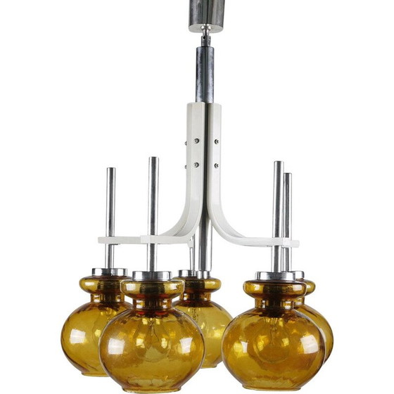 Image 1 of Lustre vintage en verre jaune et métal, 1960