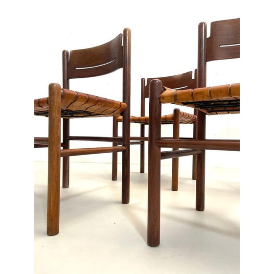 Image 1 of Ensemble de 4 chaises vintage en bois et cuir, Italie 1960