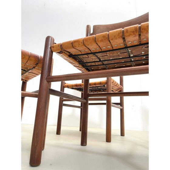Image 1 of Ensemble de 4 chaises vintage en bois et cuir, Italie 1960