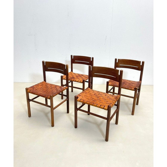 Image 1 of Ensemble de 4 chaises vintage en bois et cuir, Italie 1960