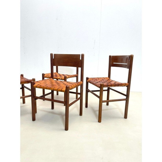 Image 1 of Ensemble de 4 chaises vintage en bois et cuir, Italie 1960