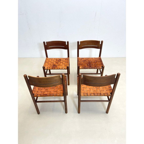 Image 1 of Ensemble de 4 chaises vintage en bois et cuir, Italie 1960