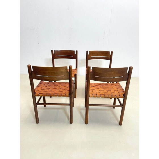 Image 1 of Ensemble de 4 chaises vintage en bois et cuir, Italie 1960