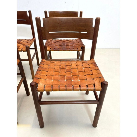 Image 1 of Ensemble de 4 chaises vintage en bois et cuir, Italie 1960