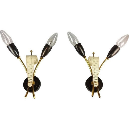 Paire d'appliques vintage en métal perforé laqué blanc coloré par Kobis et Lorence, 1950