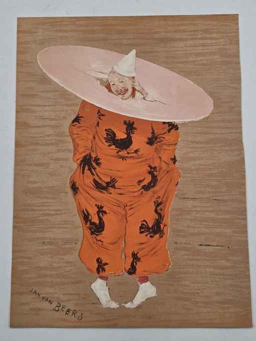 Lithographie, Jan Van Beers, clown de cirque de 1886