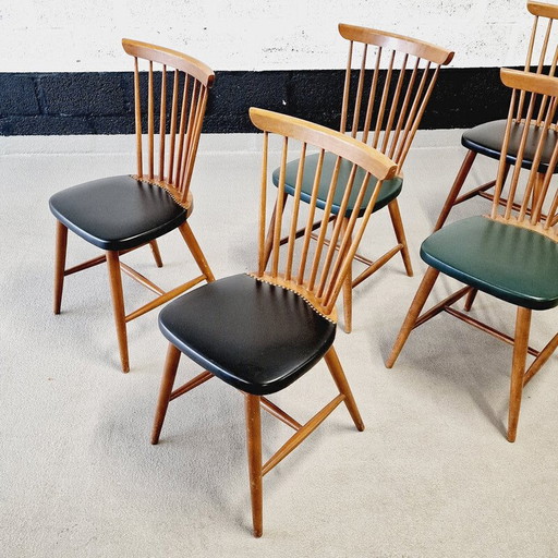 Ensemble de 6 chaises vintage en bois et vinyle, 1960