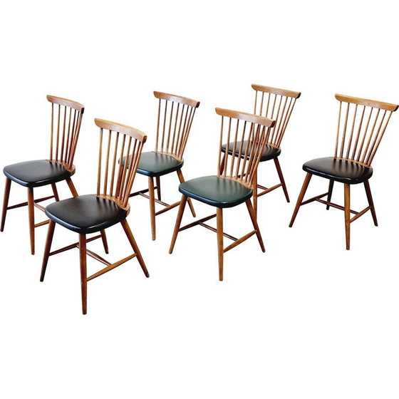 Image 1 of Ensemble de 6 chaises vintage en bois et vinyle, 1960