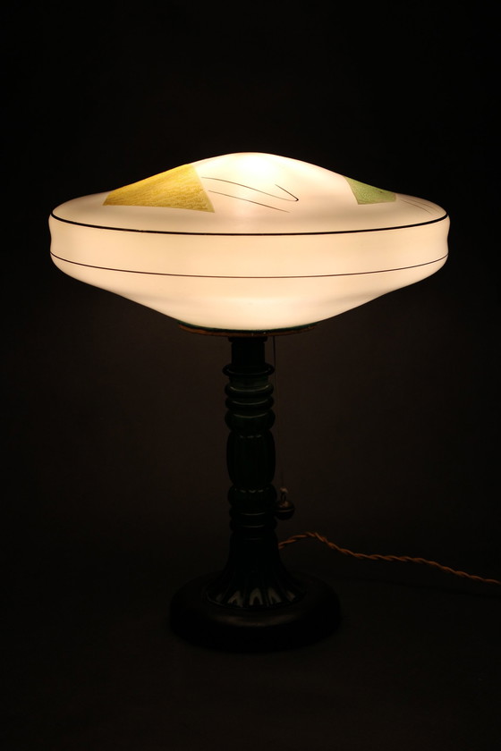 Image 1 of 1940S Lampe de table en verre restaurée avec abat-jour en verre