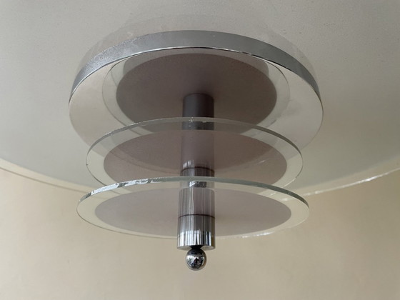 Image 1 of Lampe Disque Vintage 60s Verre dépoli Chrome Français