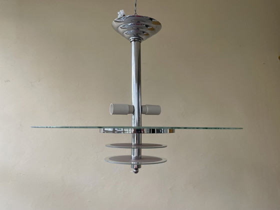 Image 1 of Lampe Disque Vintage 60s Verre dépoli Chrome Français