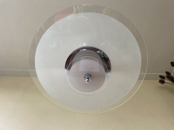Image 1 of Lampe Disque Vintage 60s Verre dépoli Chrome Français