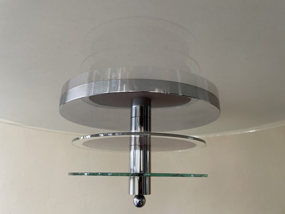 Image 1 of Lampe Disque Vintage 60s Verre dépoli Chrome Français