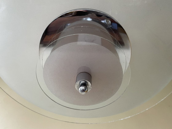 Image 1 of Lampe Disque Vintage 60s Verre dépoli Chrome Français