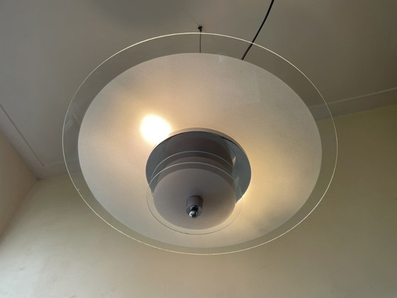 Image 1 of Lampe Disque Vintage 60s Verre dépoli Chrome Français