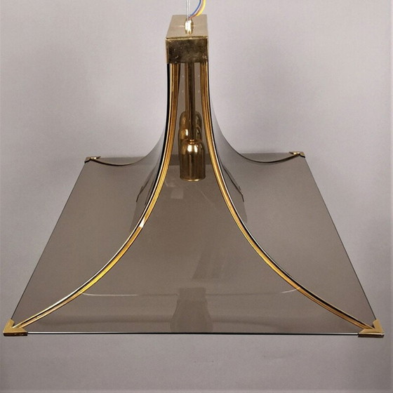 Image 1 of Lampe pendante Pagode vintage en verre fumé, laiton et acier par Esperia, 1970