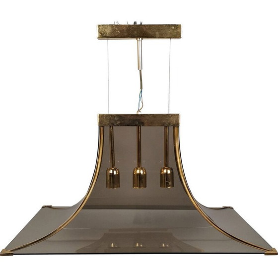 Image 1 of Lampe pendante Pagode vintage en verre fumé, laiton et acier par Esperia, 1970