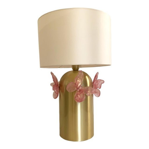 Lampe de table contemporaine en verre de Murano avec papillon rose