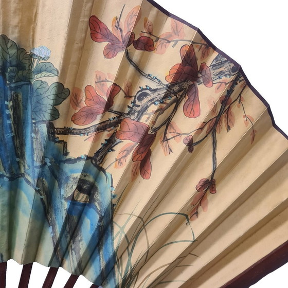 Image 1 of Grand éventail chinois vintage avec oiseaux, 60s/70s