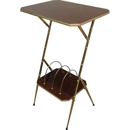 Traversin vintage en acajou et métal doré, France 1970